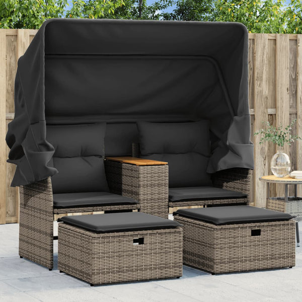  Garden Sofa 2-Seater with Canopy and Stools Grey Poly Rattan