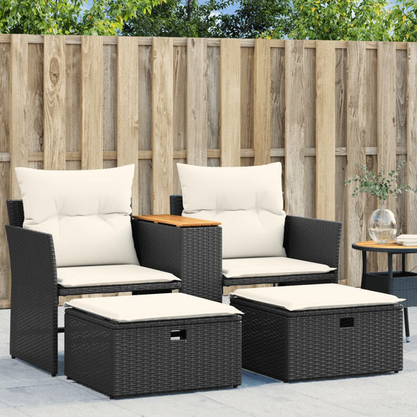  Garden Sofa 2-Seater with Stools Black Poly Rattan