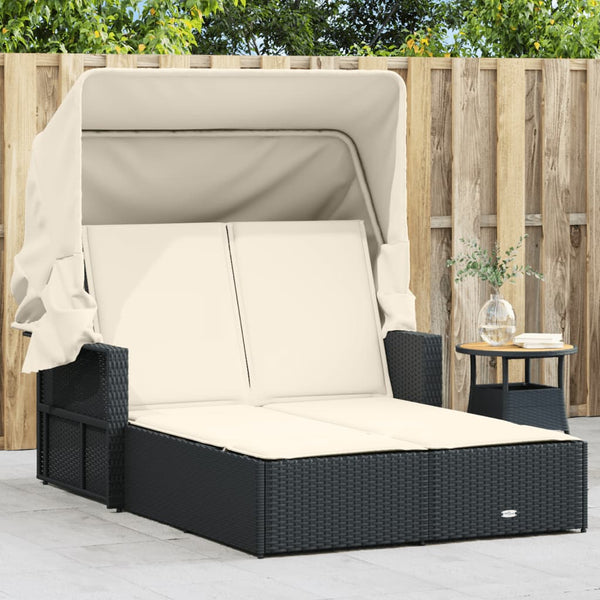  Double Sun Lounger with Canopy and Cushions-Black Poly Rattan