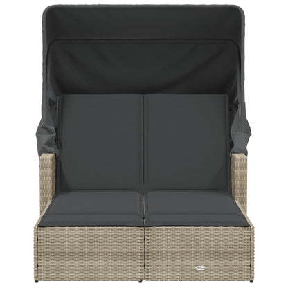Double Sun Lounger with Canopy and Cushions Light Grey Poly Rattan
