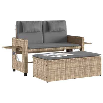 Reclining Garden Bench with Cushions Beige Poly Rattan