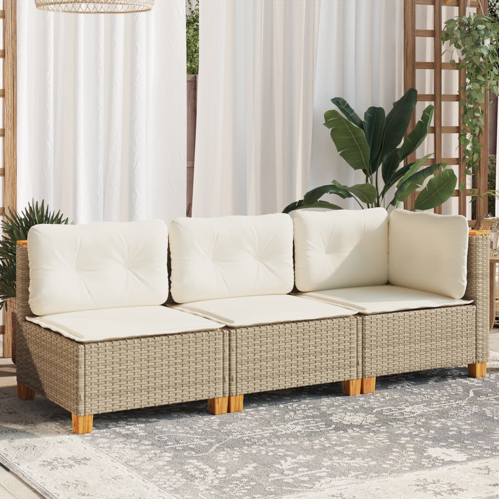 Garden Sofa with Cushions 3-Seater - Beige Poly Rattan