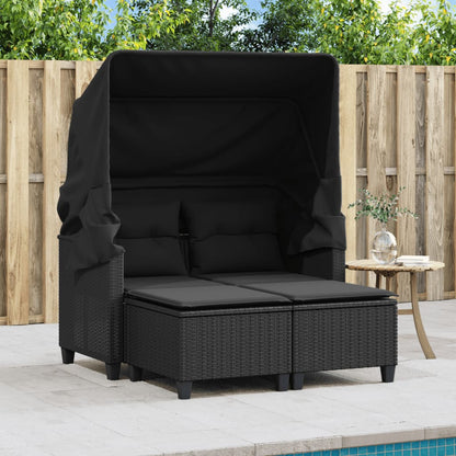 Garden Sofa 2-Seater with Canopy and Stools-Black Poly Rattan