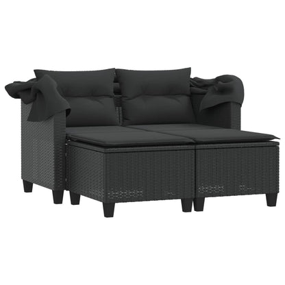 Garden Sofa 2-Seater with Canopy and Stools-Black Poly Rattan