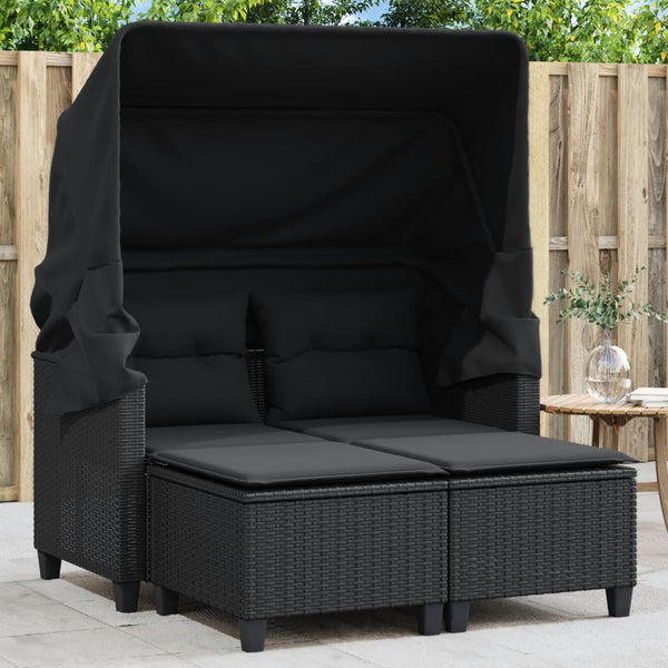  Garden Sofa 2-Seater with Canopy and Stools-Black Poly Rattan