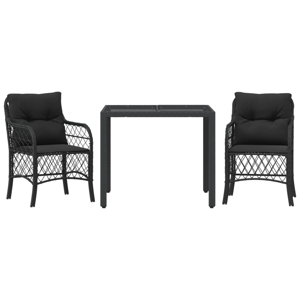 3-Piece Bistro Set in Black Poly Rattan with Cushions