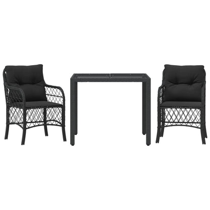 3-Piece Bistro Set in Black Poly Rattan with Cushions