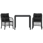 3-Piece Bistro Set in Black Poly Rattan with Cushions