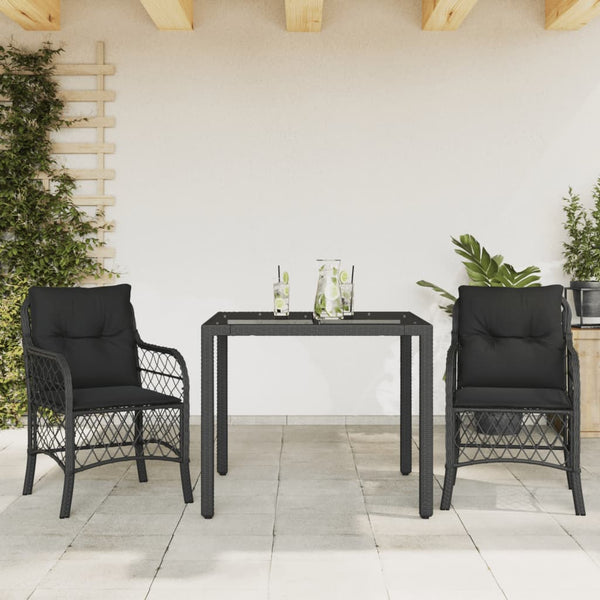  3-Piece Bistro Set in Black Poly Rattan with Cushions
