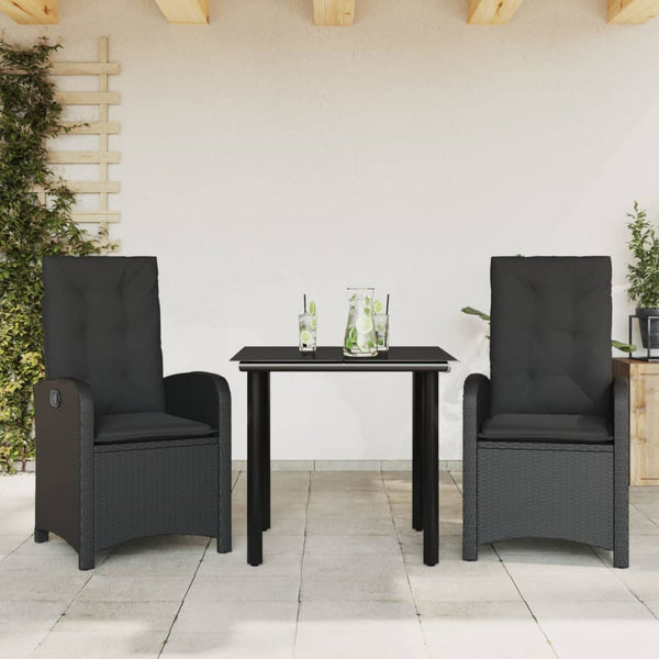  3-Piece Garden Dining Set in Black Poly Rattan with Cushions