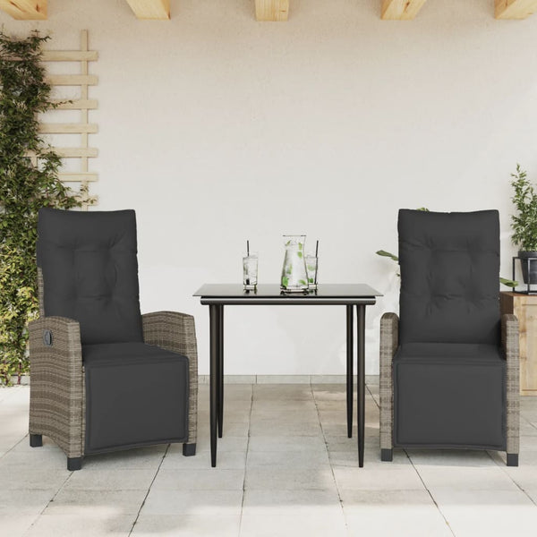  Elegant 3 Piece Garden Dining Set with Cushions Grey Poly Rattan