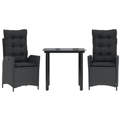 Elegant  3 Piece Garden Dining Set with Cushions Black Poly Rattan