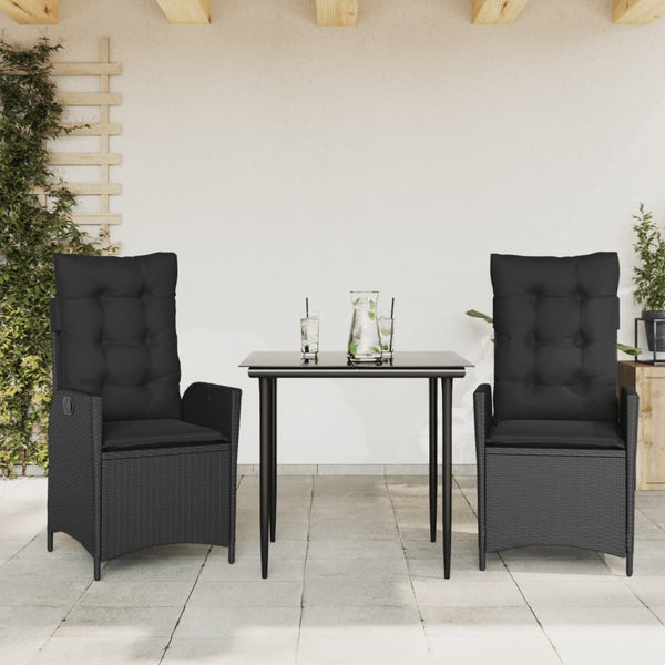  Elegant  3 Piece Garden Dining Set with Cushions Black Poly Rattan