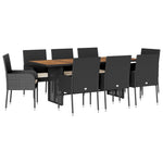 9 Piece Garden Dining Set with Cushions - Black Poly Rattan