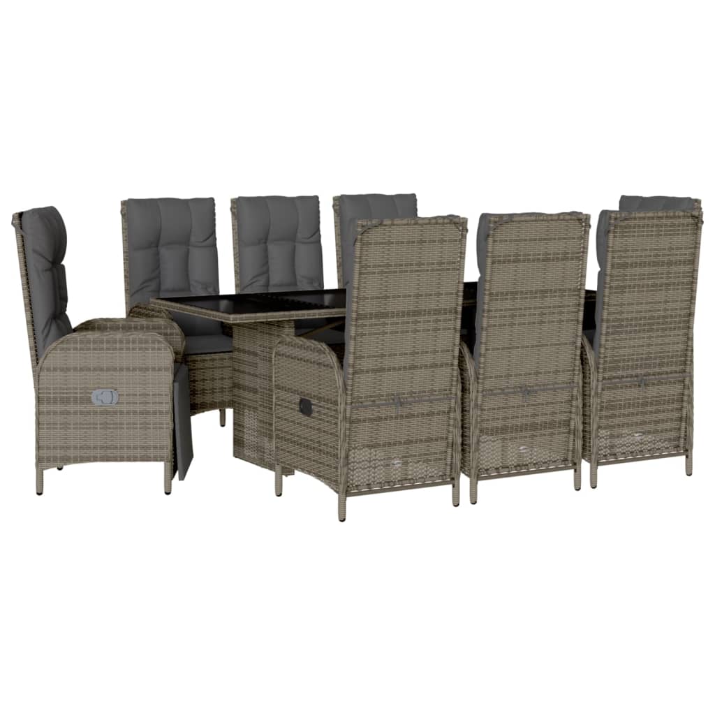 9 Piece Garden Dining Set with Cushions Grey Poly Rattan - 190×80×74cm