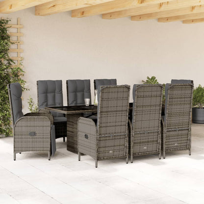 9 Piece Garden Dining Set with Cushions Grey Poly Rattan - 190×80×74cm