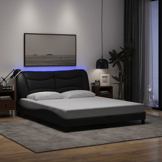 Queen Size Fabric Bed Frame with LED Lights Black/Grey