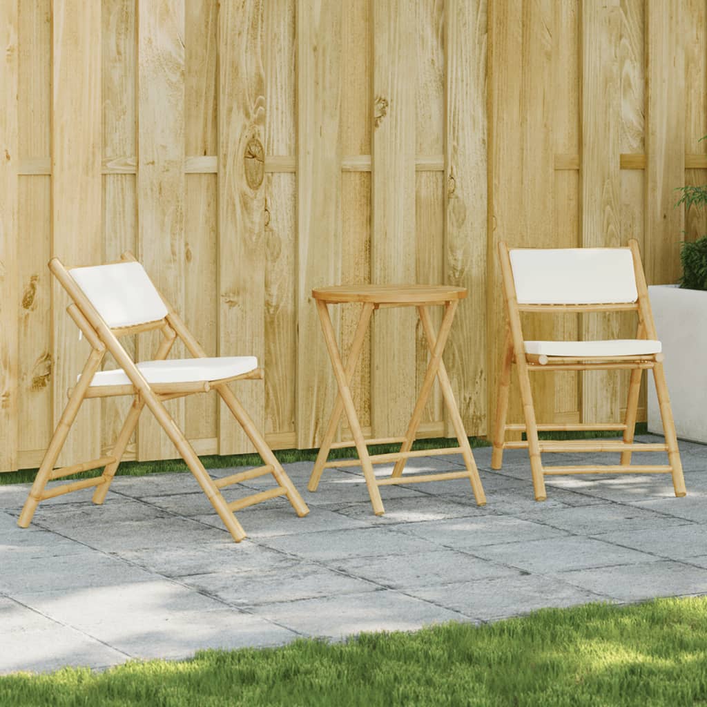 3-Piece Folding Bistro Set with Cream White Cushions Bamboo