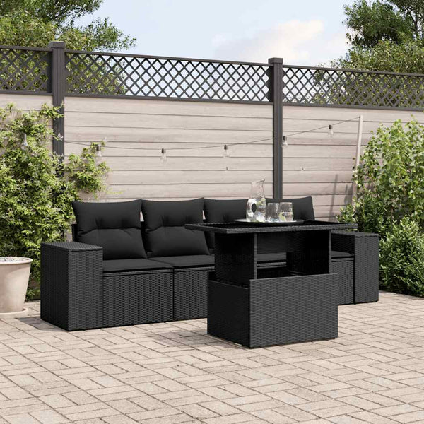  5 - Piece Garden Sofa Set with Cushions Black Poly Rattan