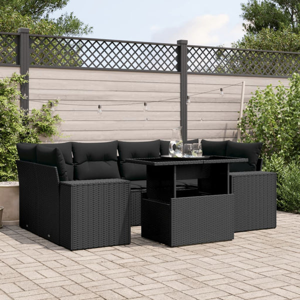  7 Piece Garden Sofa Set with Cushions Black Poly Rattan