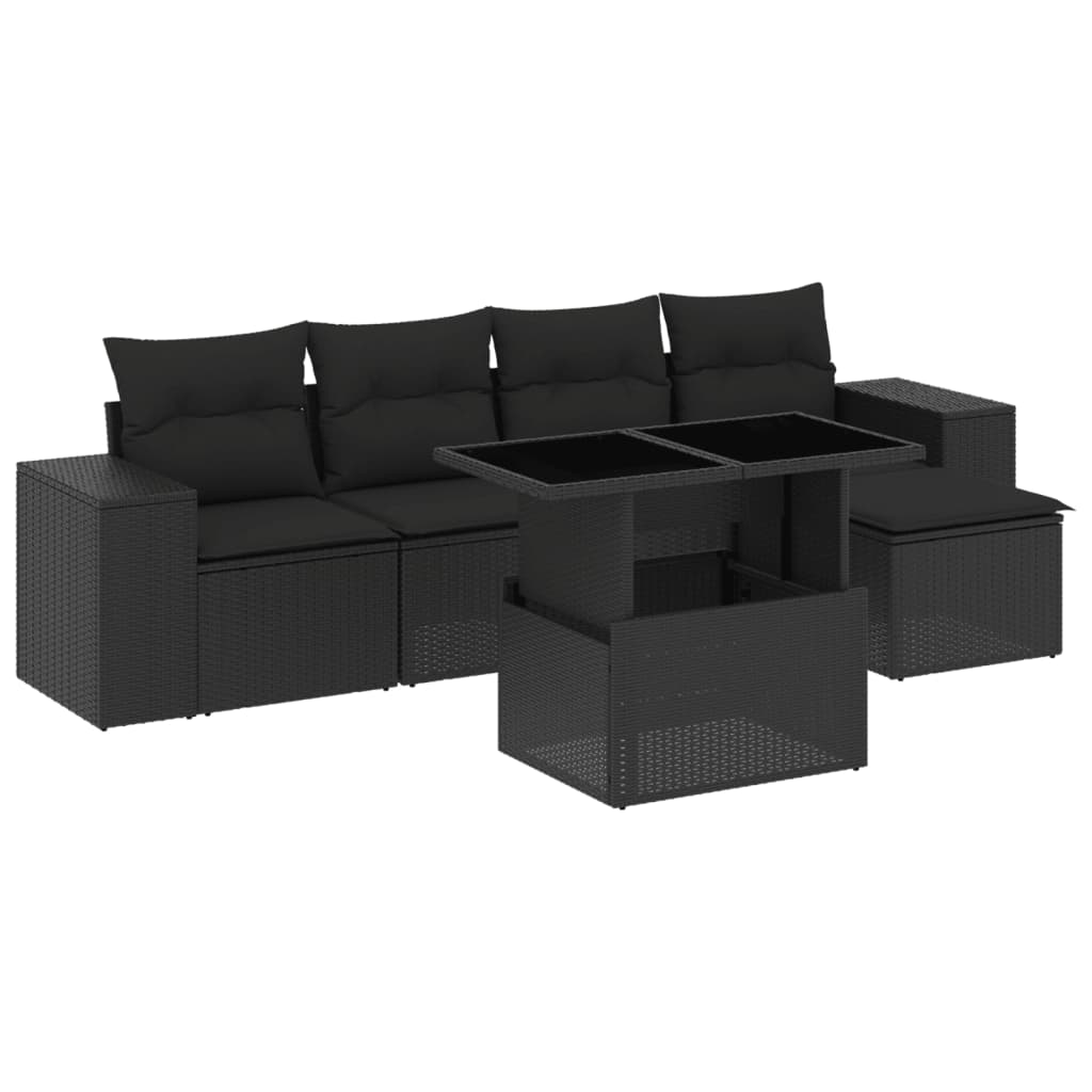 7 Pcs Garden Sofa Set with Cushions Black Poly Rattan