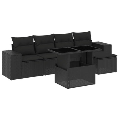 7 Pcs Garden Sofa Set with Cushions Black Poly Rattan