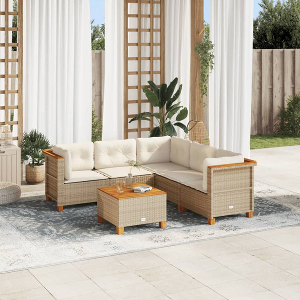  6-Piece Garden Sofa Set with Cushions Beige Poly Rattan