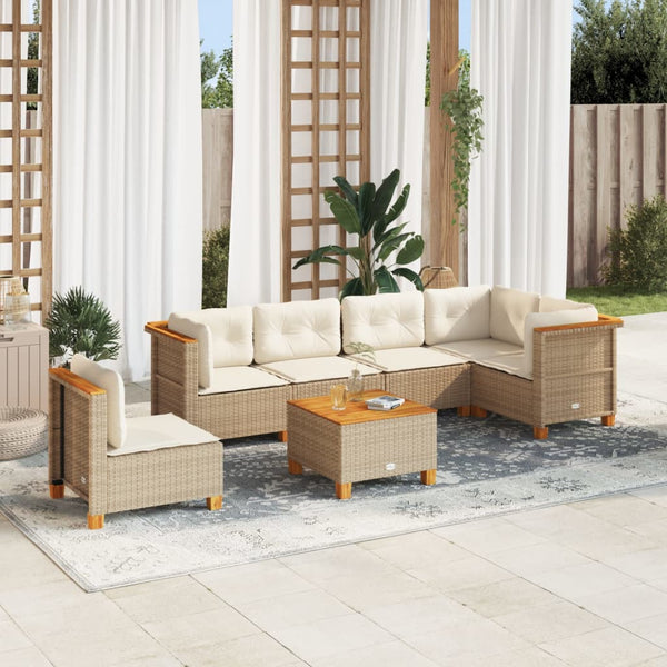  7 Piece Garden Sofa Set with Cushions Beige-Poly Rattan