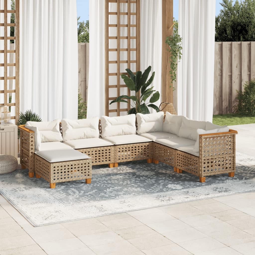 7 Piece Garden Sofa Set with Cushions Beige - Poly Rattan