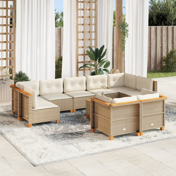  10 Piece Garden Sofa Set with Cushions Beige Poly Rattan