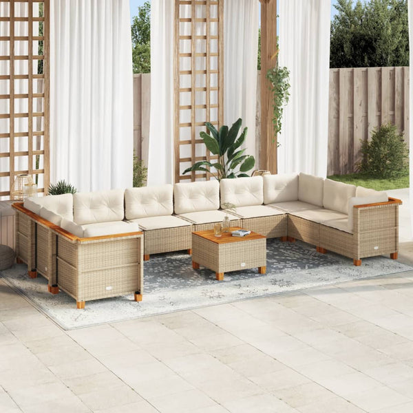  11 Piece Garden Sofa Set with Cushions Beige Poly Rattan