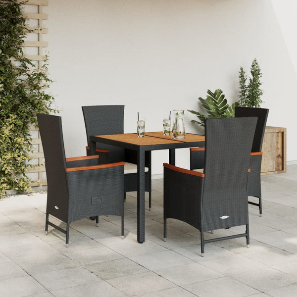  5-Pcs Garden Dining Set with Cushions Black Poly Rattan