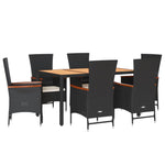 7 Pcs Garden Dining Set with Cushions Black Poly Rattan