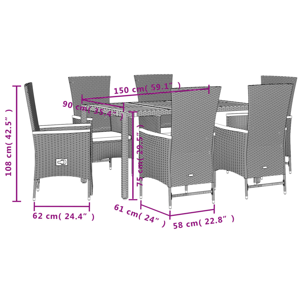 7 Pcs Garden Dining Set with Cushions Black Poly Rattan