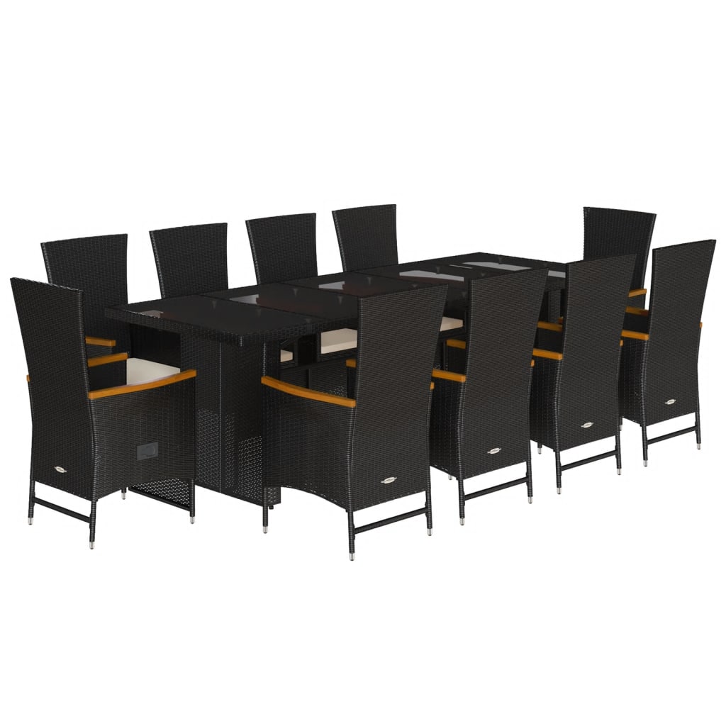 11 Piece Garden Dining Set with Cushions Black Poly Rattan - 58×62×108cm