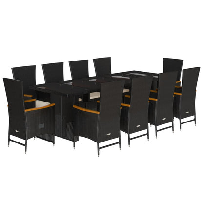11 Piece Garden Dining Set with Cushions Black Poly Rattan - 58×62×108cm