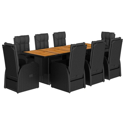 9 Piece Garden Dining Set with Cushions Black Poly Rattan - 240×90×75cm