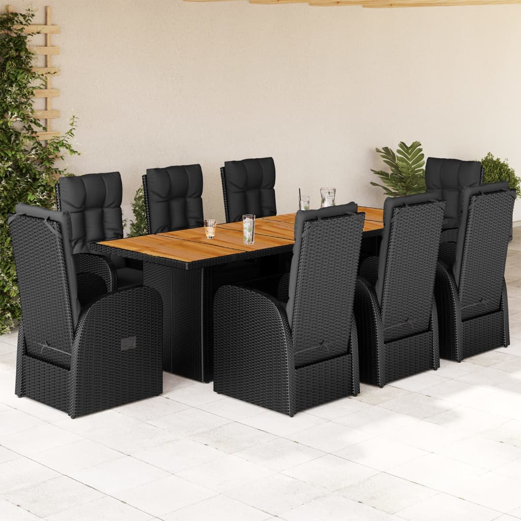 9 Piece Garden Dining Set with Cushions Black Poly Rattan - 240×90×75cm