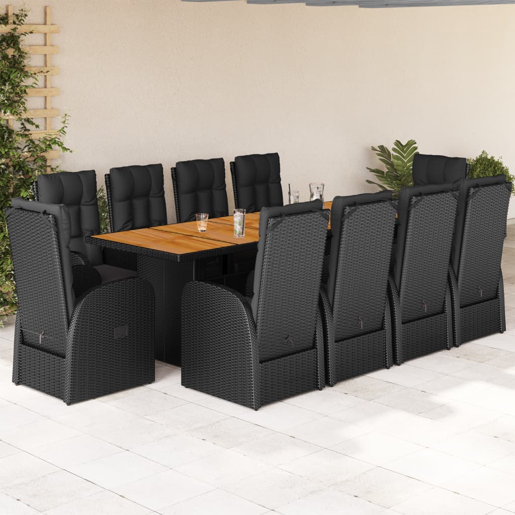 11 Piece Garden Dining Set with Cushions Black Poly Rattan - 58×62×108cm