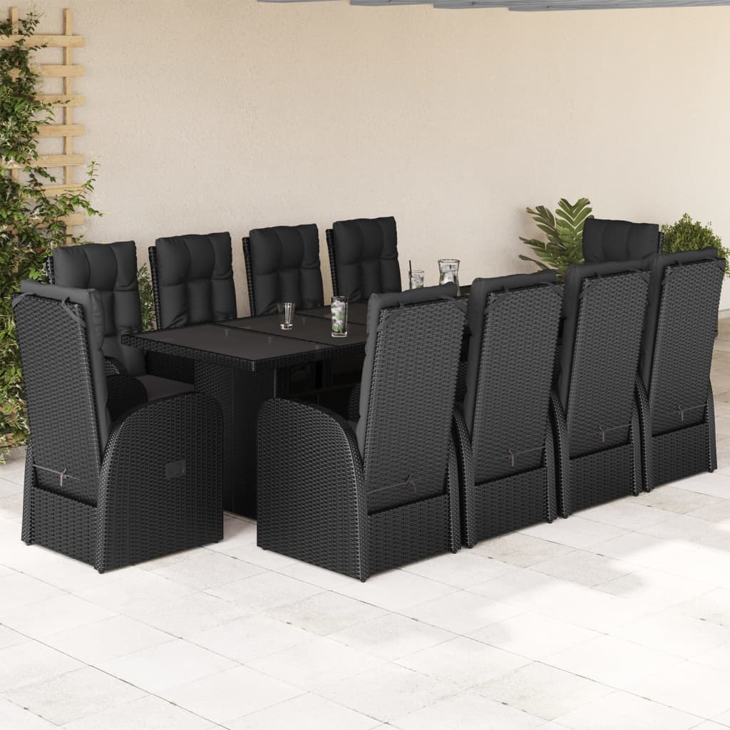 11 Piece Garden Dining Set with Cushions Black Poly Rattan - 57×69×106cm