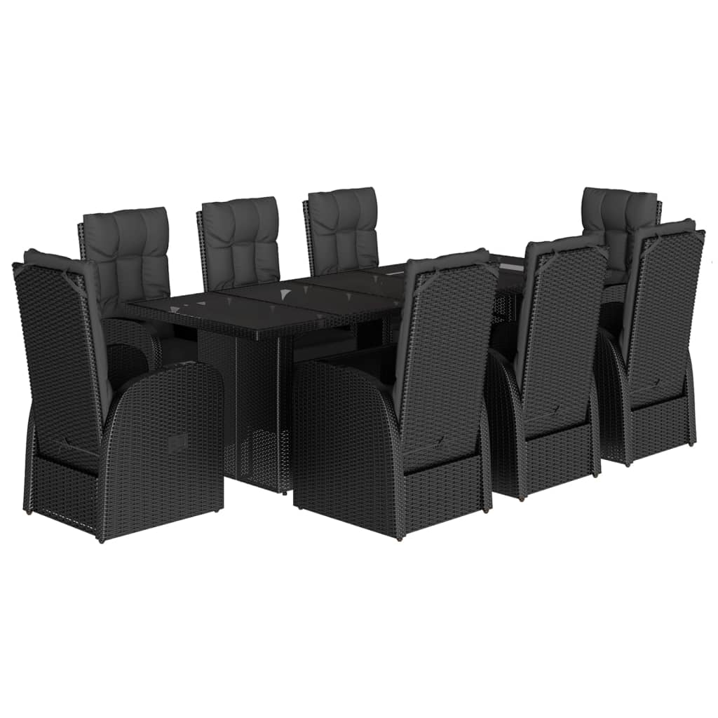 9 Piece Garden Dining Set with Cushions Black Poly Rattan - 240×90×75cm