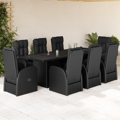 9 Piece Garden Dining Set with Cushions Black Poly Rattan - 240×90×75cm