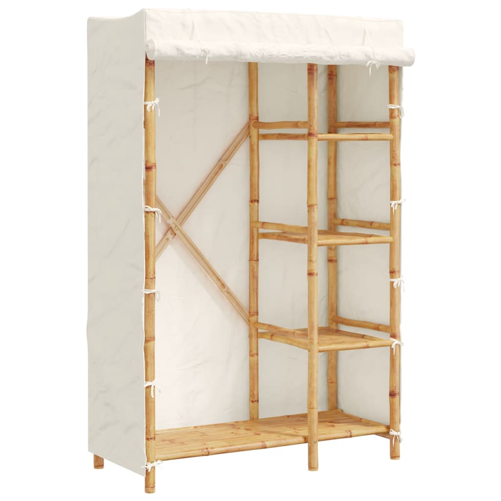 Bamboo Wardrobe Cabinet with Hanging Rail Shelf Freestanding Clothes Storage