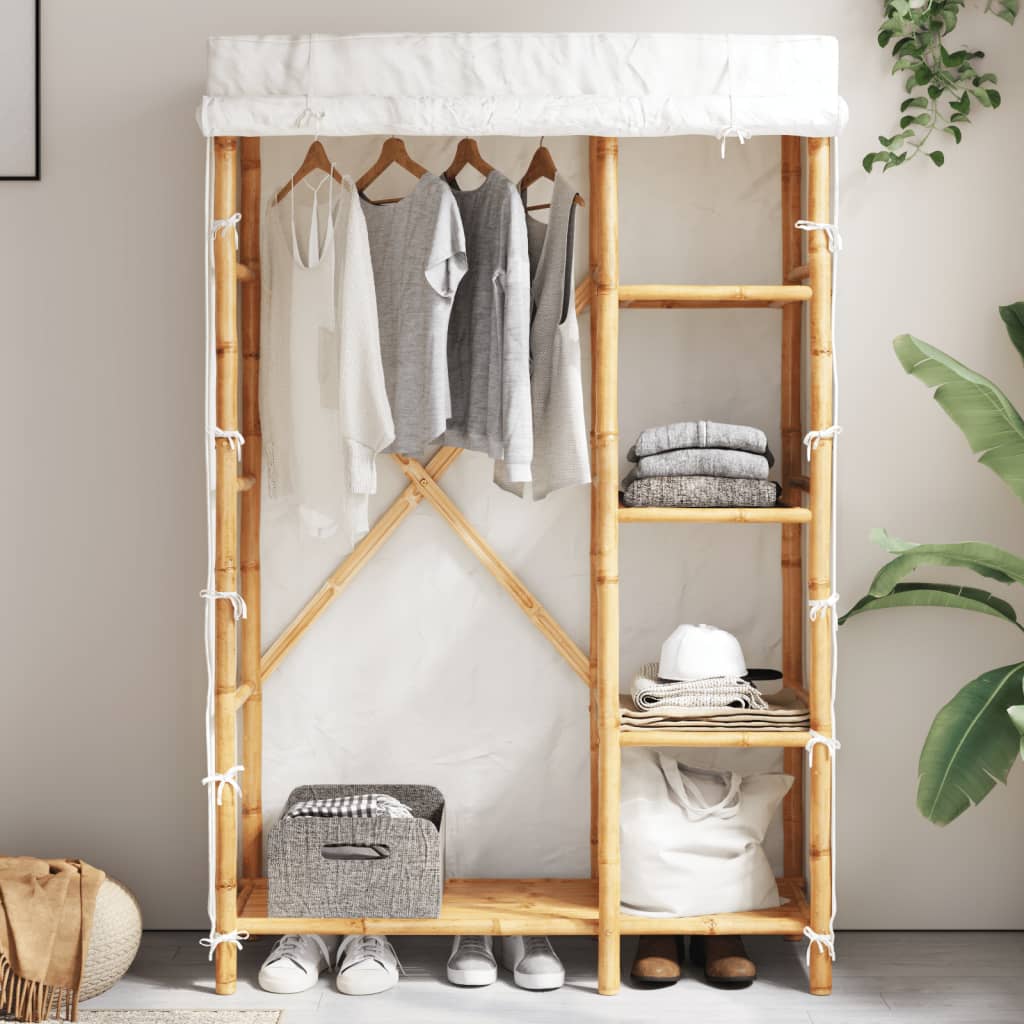 Bamboo Wardrobe Cabinet with Hanging Rail Shelf Freestanding Clothes Storage