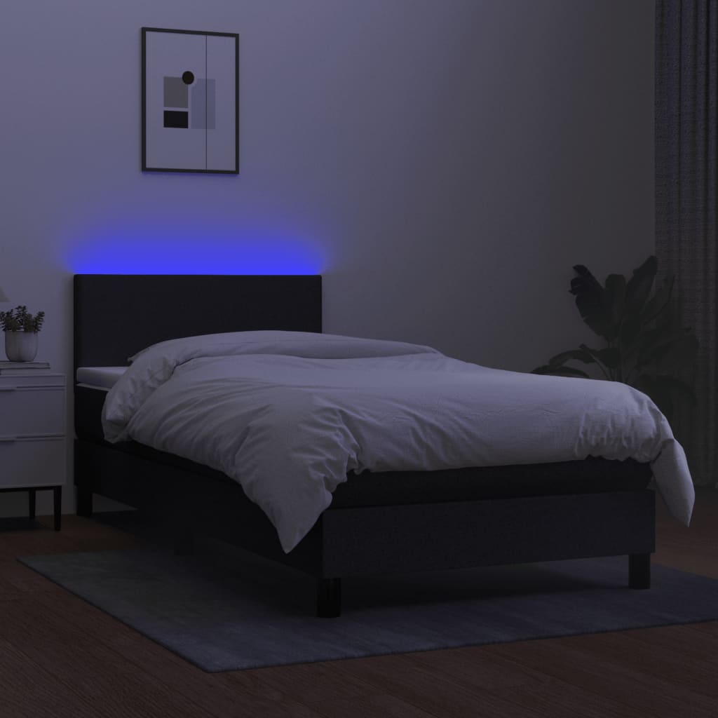 King Single Black Fabric Bed with Mattress and LED Lighting Feature
