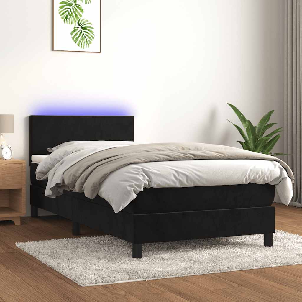 Black King Single Velvet Bed with Pocket Spring Mattress and Adjustable LED