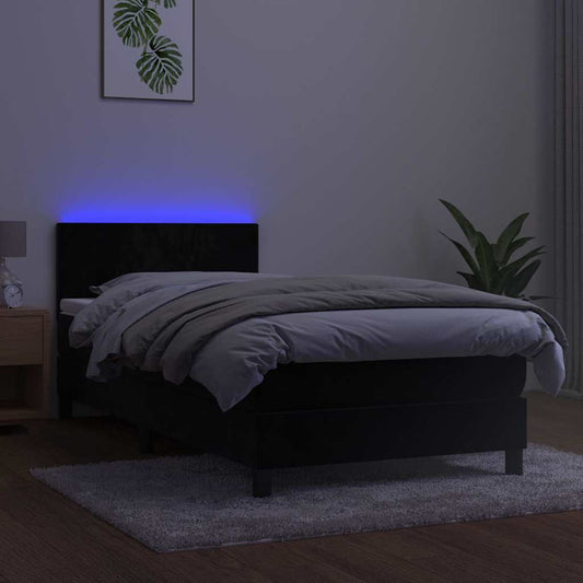 Black King Single Velvet Bed with Pocket Spring Mattress and Adjustable LED