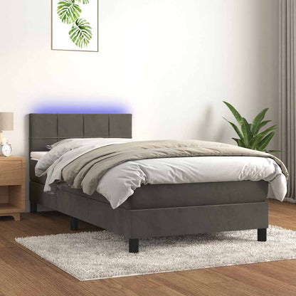 Dark Grey Velvet Bed with LED Features and Removable Mattress Topper King Single