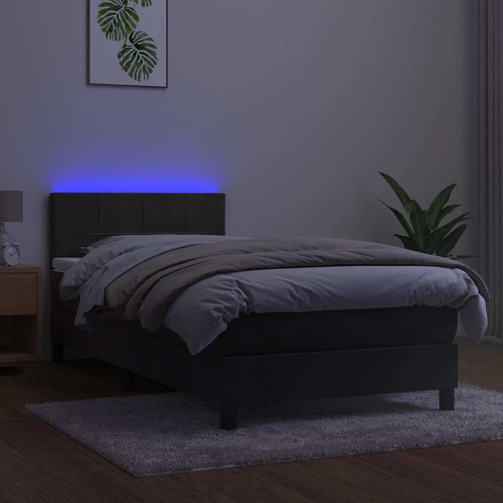 Dark Grey Velvet Bed with LED Features and Removable Mattress Topper King Single