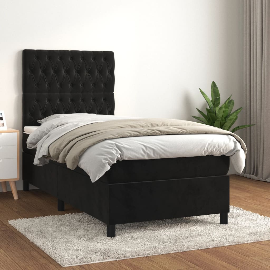 Black King Single Box Spring Bed with Velvet Pocket Spring Mattress Topper